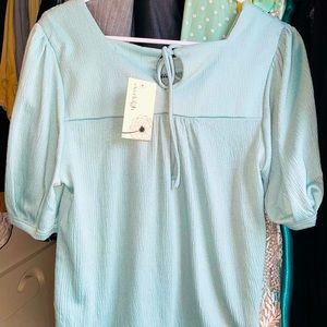 Everleigh crinkled short sleeve boho peasant blouse pale blue mint green NWT XS